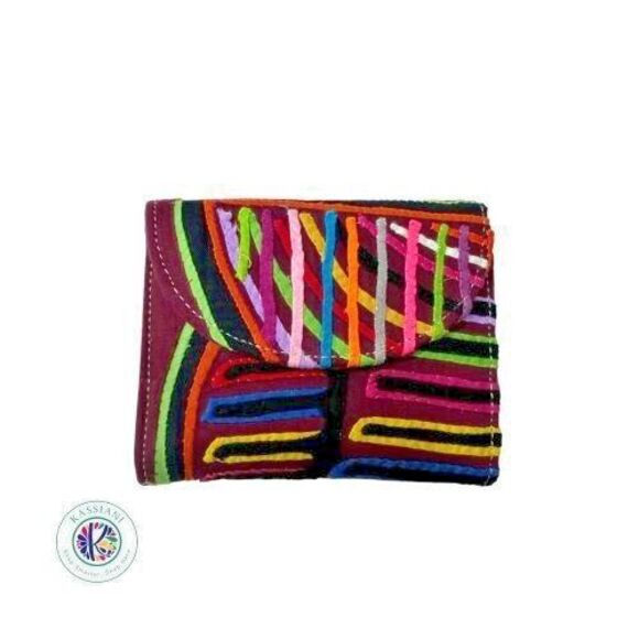 Unique Artisan Handmade Mola Wallet Small Round 100% Leather Arte‎ Kuna Colombia - Picture 1 of 8